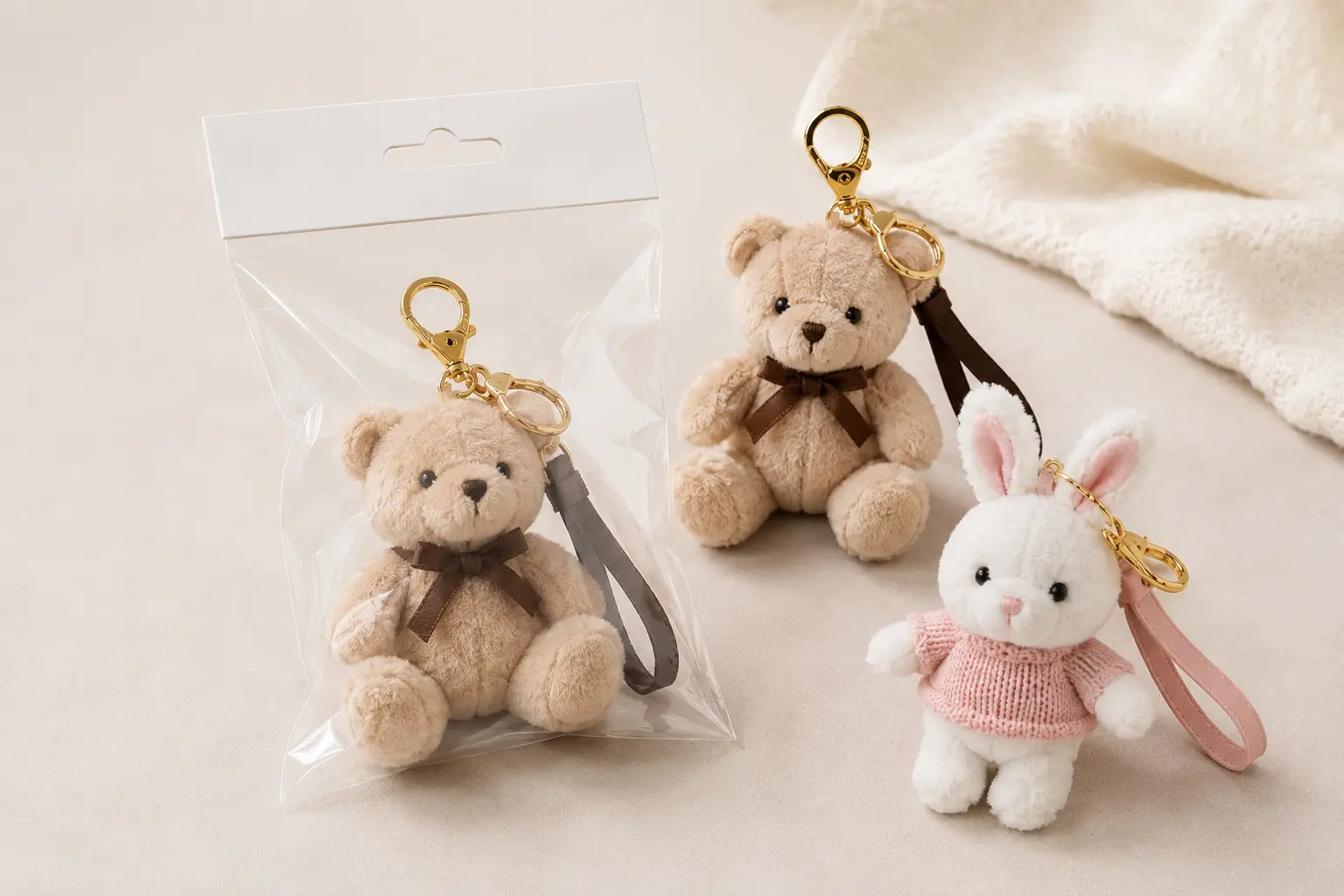 Teddy bear and bunny plush keychains with OPP bag and gold clip hardware