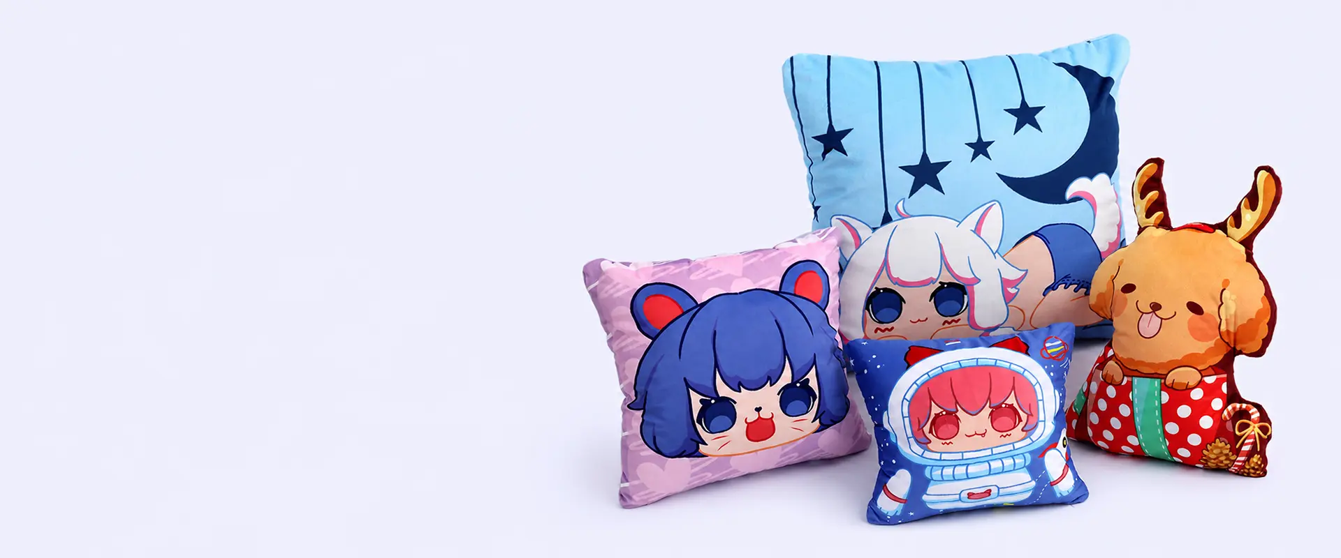 Anime character and dog plush pillow samples with printed cushion designs
