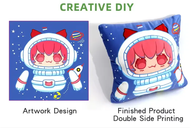 Astronaut pillow artwork compared with finished double side printed cushion sample