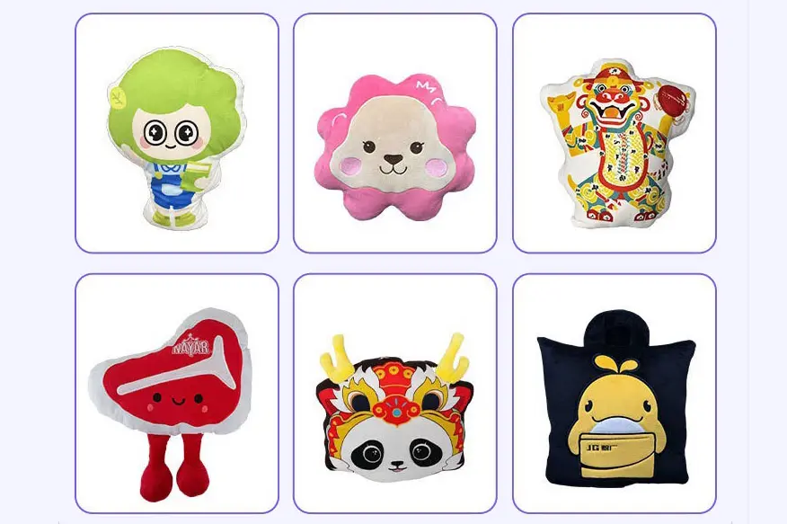 Round character plush pillows packed in clear bags before compression