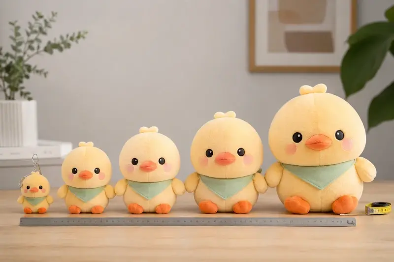 Yellow duck plush toys in multiple sizes for custom plush size comparison