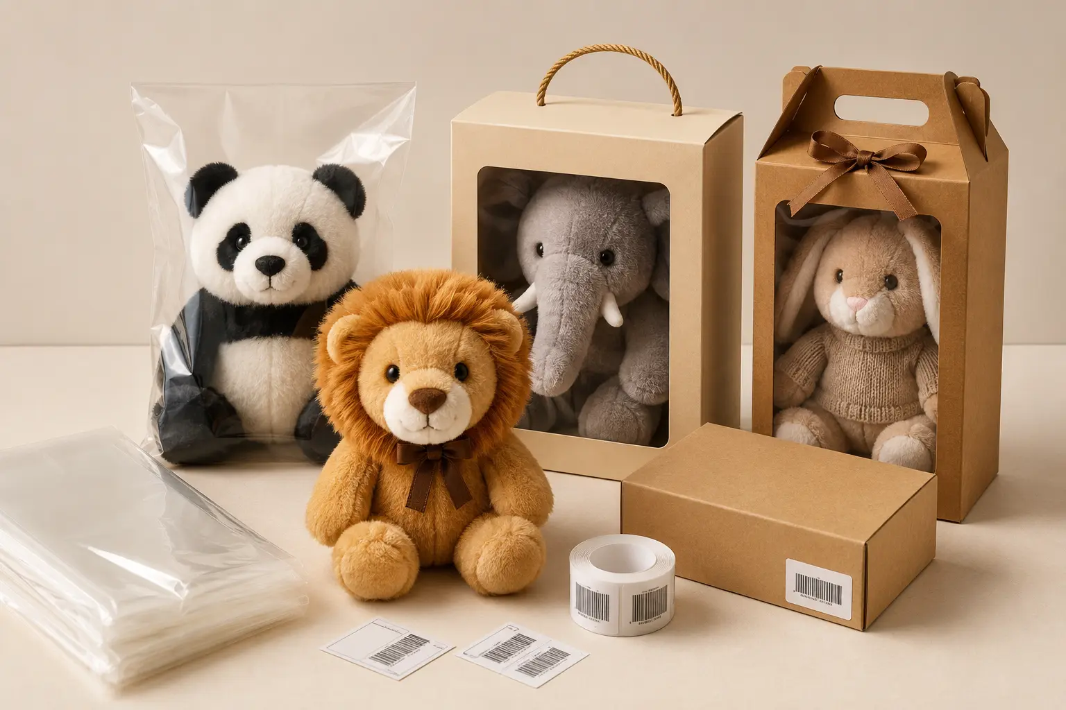 Animal plush toys with clear bags, retail boxes, gift boxes, and barcode labels