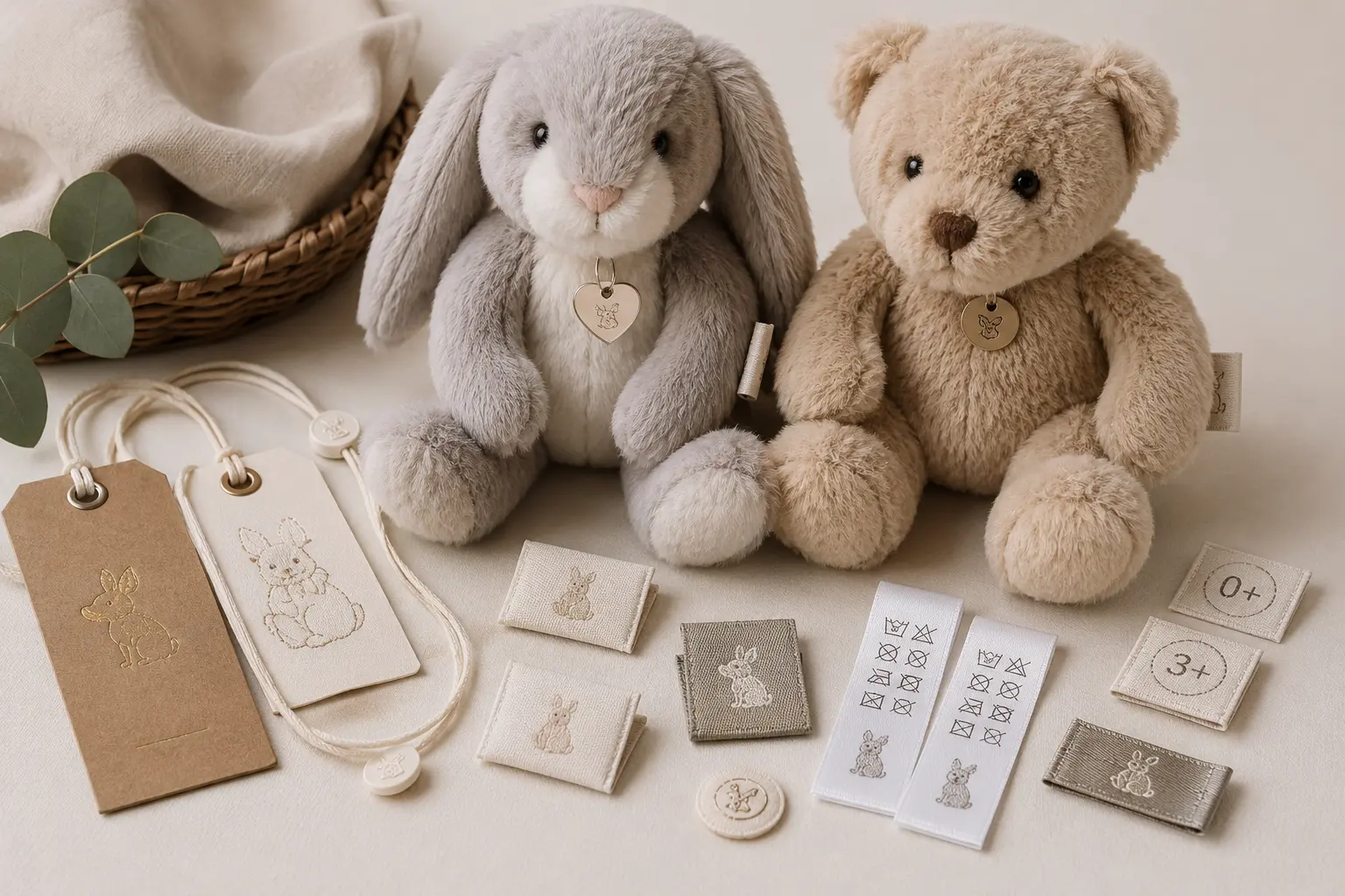 Bunny and bear plush toys with hang tags, woven labels, and care label options