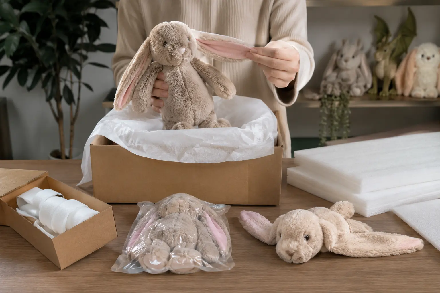 Long ear bunny plush being packed in a protective box with cushioning material