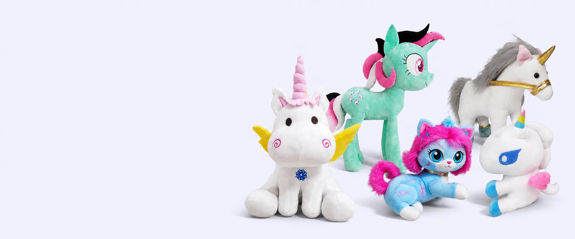 Fantasy unicorn, pony, and cat stuffed animal plush samples
